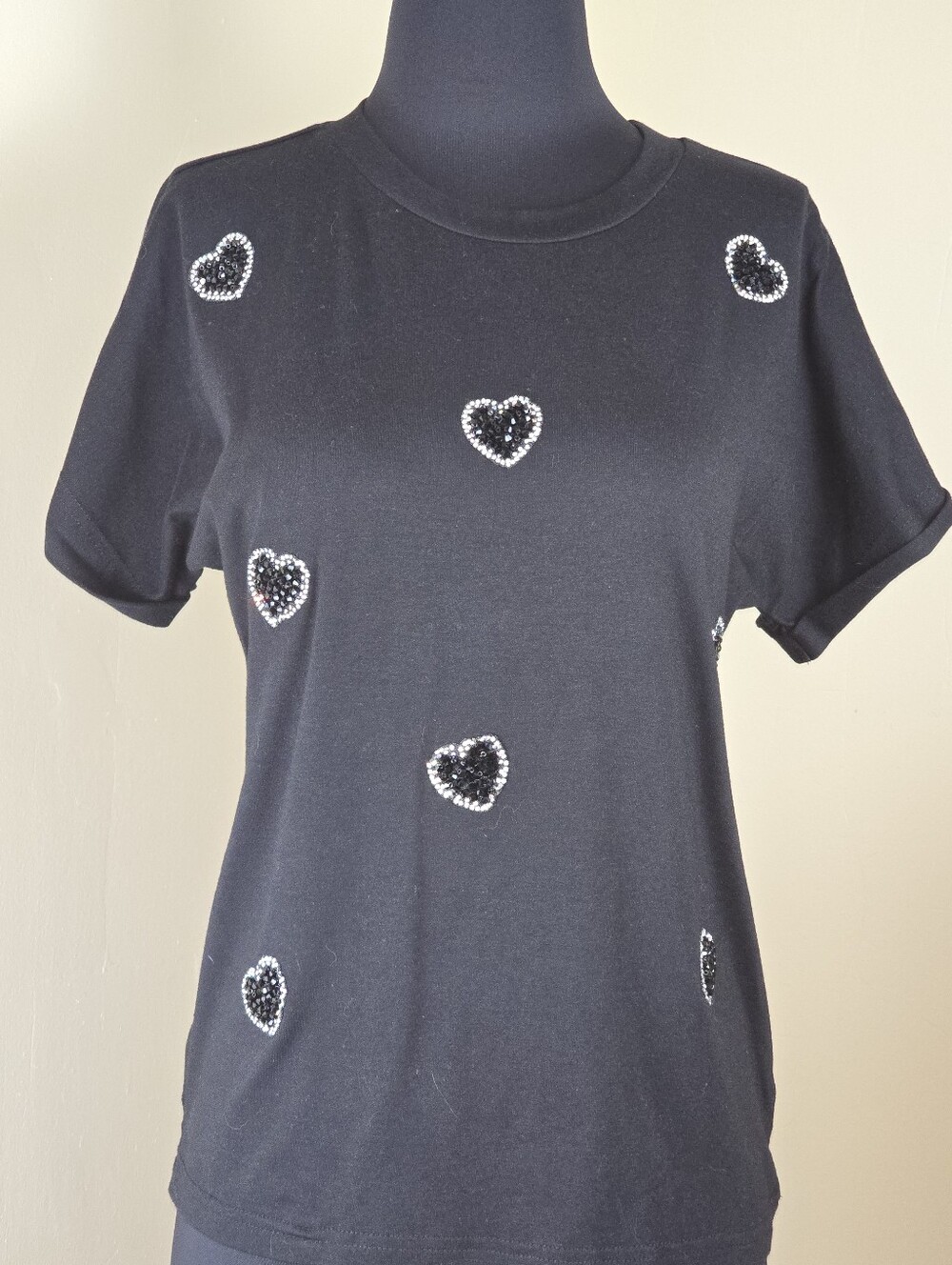 Anthropologie On 12th Black Sparkly Beaded Heart Tee Shirt  Small